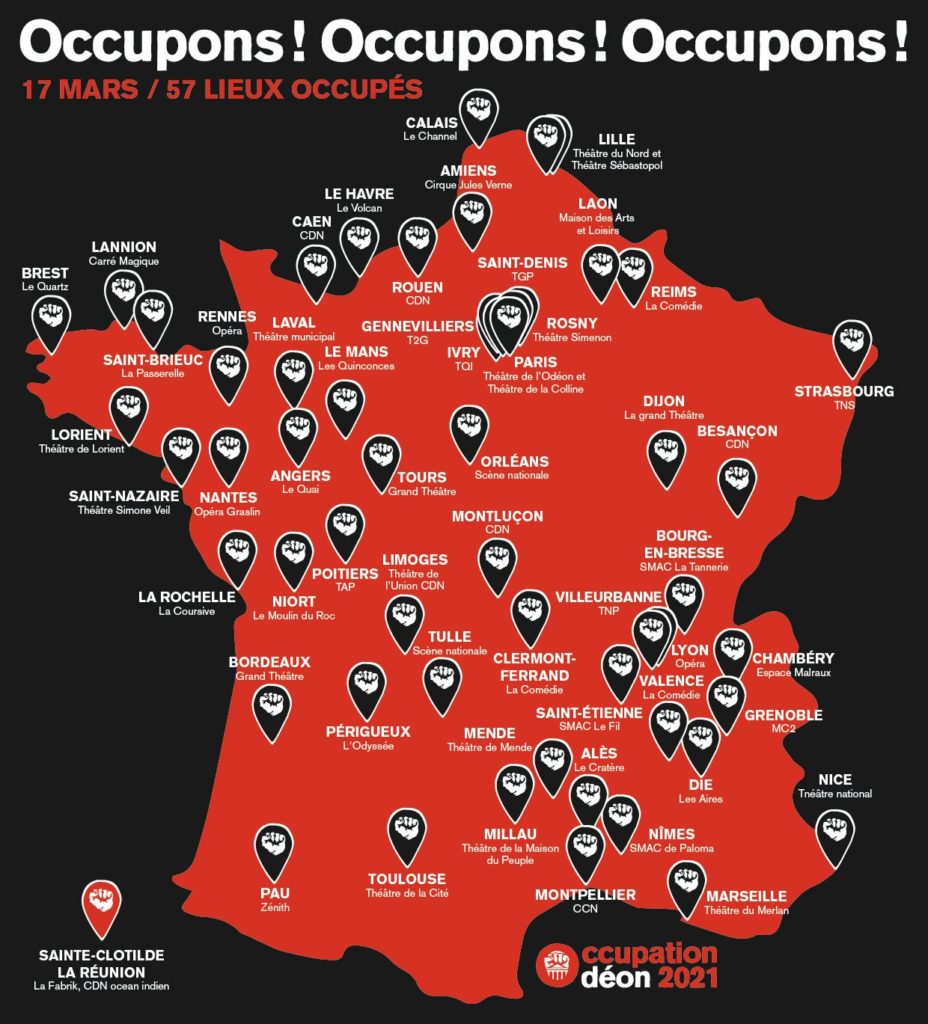 La carte de France de l'occupation des théâtres, en date du 17 mars 2021. 